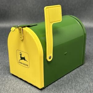 Vintage John Deere Green & Yellow Metal Mailbox Toy Bank ERTL Co Made in USA